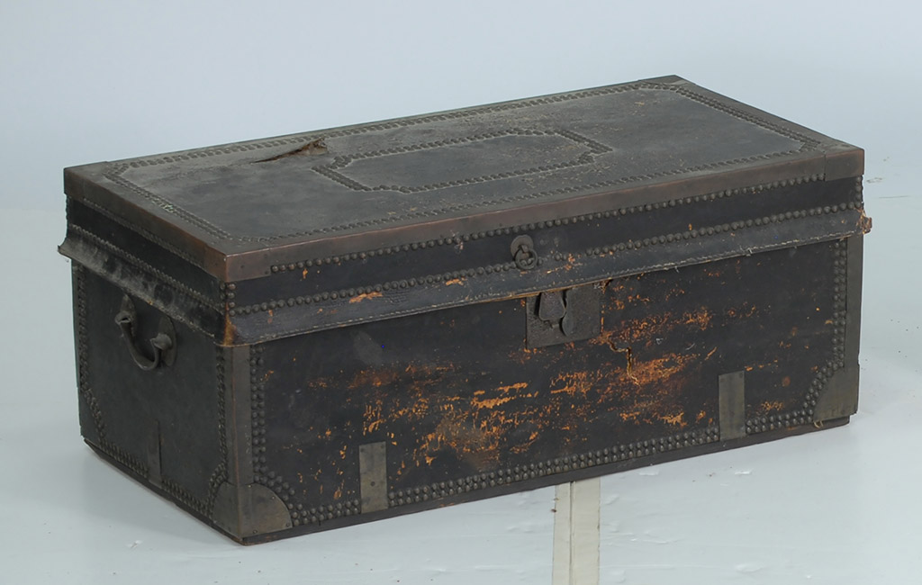 Appraisal: TH CENTURY LEATHER AND BRASS-BOUND CAMPHORWOOD CHEST Height Width Depth