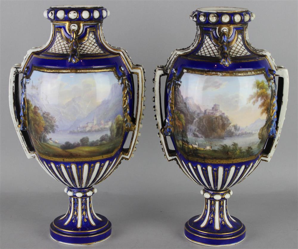 Appraisal: PAIR OF SEVRES STYLE BLUE GROUND VASES late th C