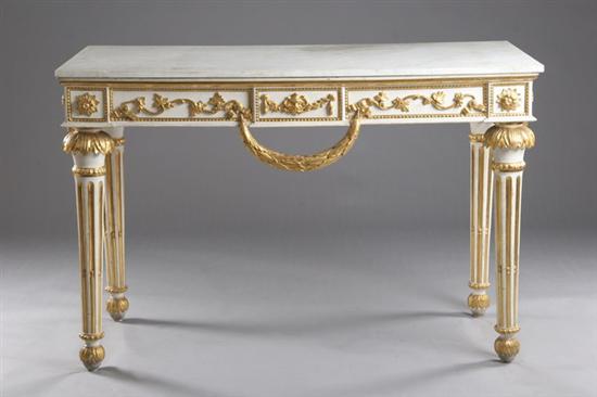 Appraisal: ITALIAN NEOCLASSICAL PAINTED AND PARCEL-GILT MARBLE TOP CONSOLE th century