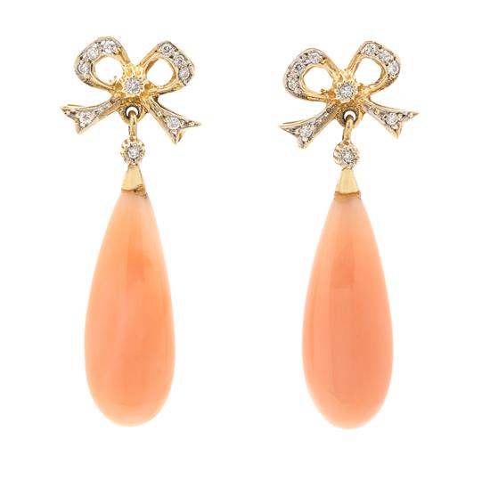 Appraisal: Sale Lot A Pair of Yellow Gold Coral and Diamond