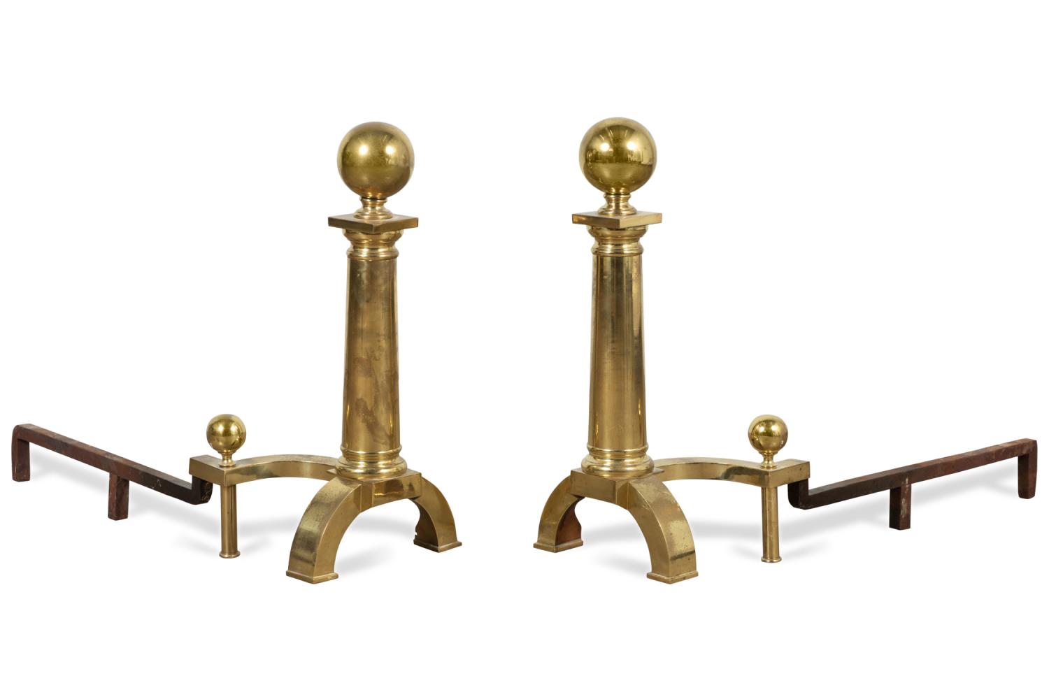 Appraisal: PAIR E TH C BRASS CANNON BALL ANDIRONS Pair of