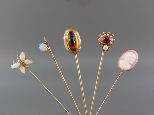 Appraisal: Antique k Gold Stickpins includes opal butterfly cameo amber garnet