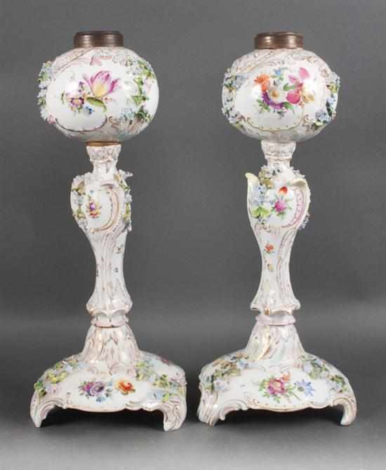 Appraisal: Pair of Carl Thieme porcelain oil lamps in the Meissen