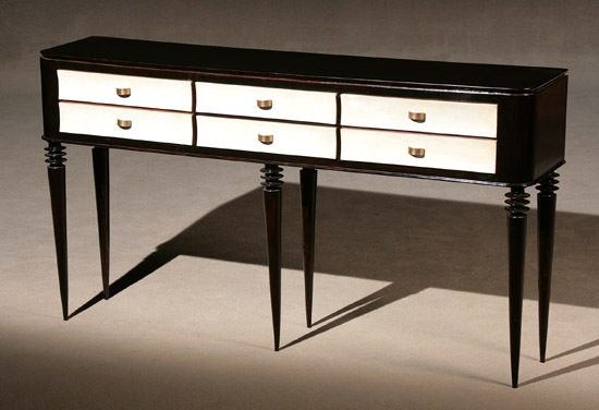 Appraisal: Italian Art Moderne Black Lacquer and Faux Parchment Console After