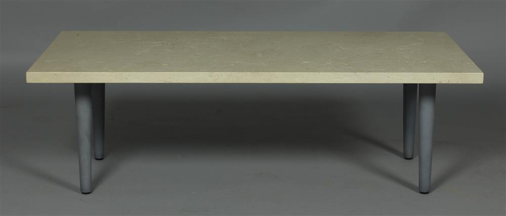 Appraisal: CUSTOM RECTANGULAR TRAVERTINE TOPPED TABLE WITH GRAY LEATHER WRAPPED LEGS