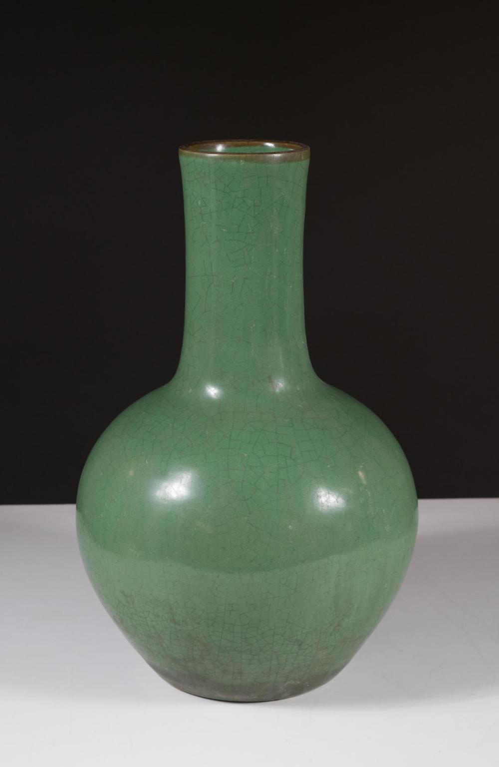 Appraisal: CHINESE PORCELAIN VASE of bottle form with green craquelure glaze