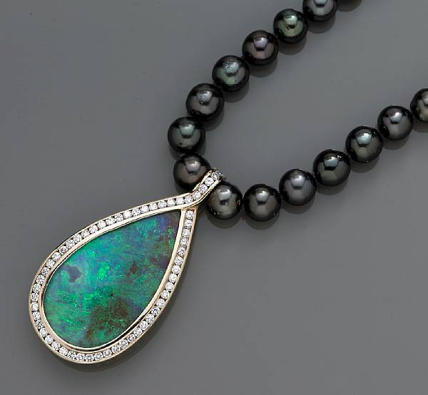 Appraisal: A boulder opal cultured pearl and and diamond necklace opal