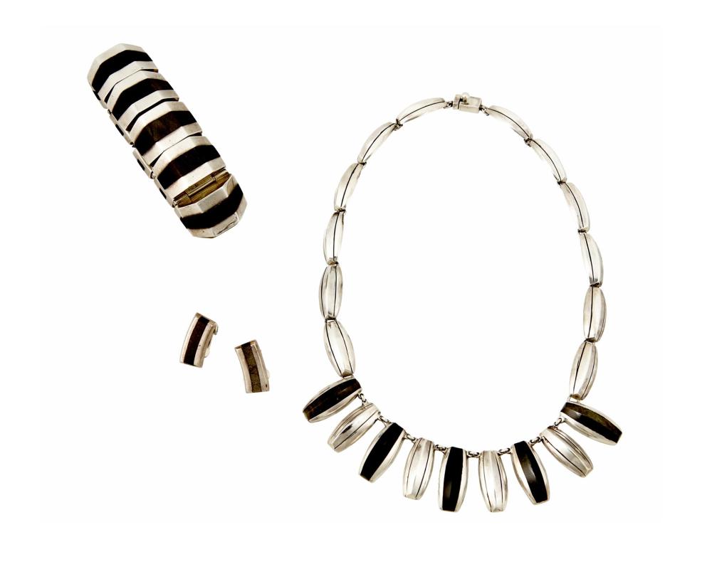 Appraisal: A group of Enrique Ledesma silver and obsidian jewelry Enrique