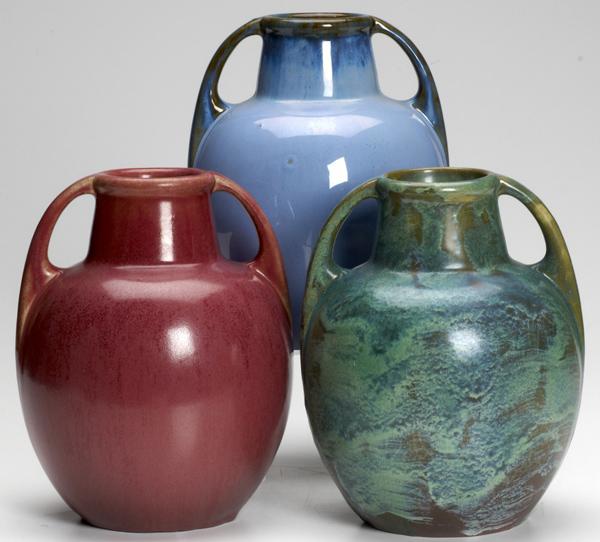 Appraisal: FULPER Three bulbous two-handled vases covered in Famille Rose Chinese