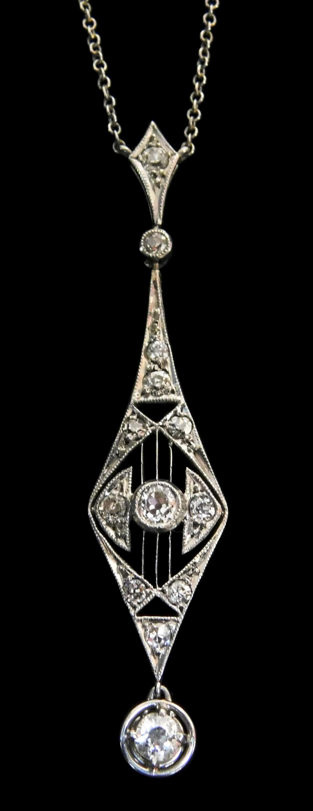 Appraisal: JEWELRY Platinum Edwardian diamond necklace delicate filigree style drop pendant