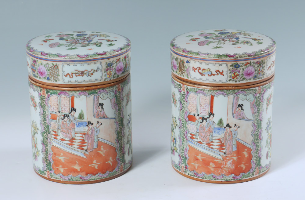 Appraisal: PAIR OF ROSE MEDALLION COVERED JARS Alternating panels of genre