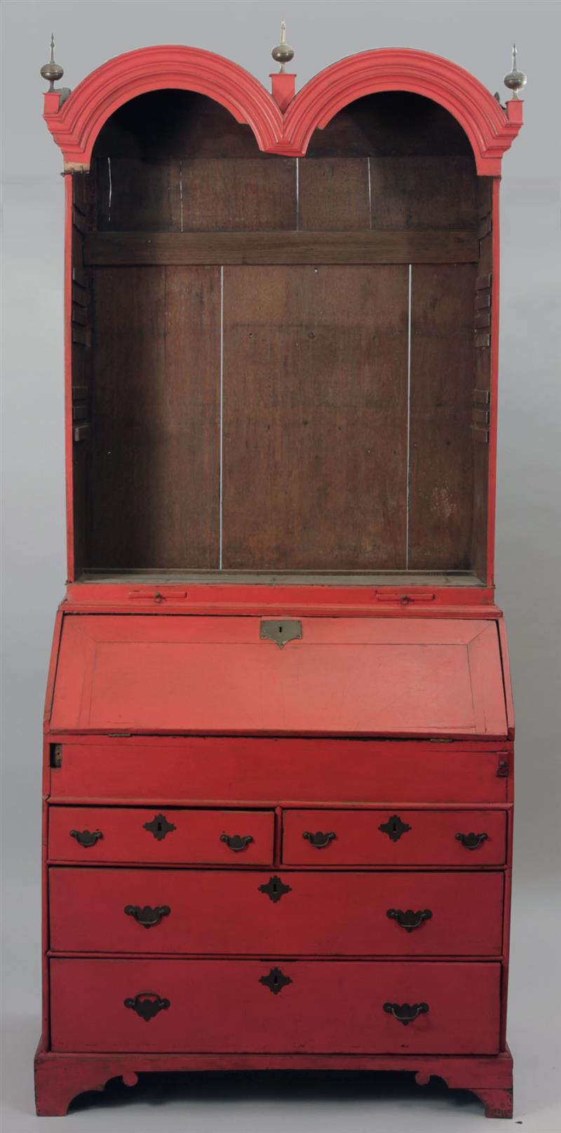 Appraisal: Queen Anne Red Painted Double-Domed Bureau Bookcase Upper doors detached