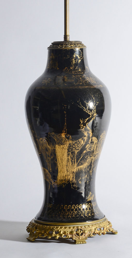 Appraisal: CHINESE GILT-DECORATED MIRROR BLACK-GLAZED PORCELAIN VASE NOW MOUNTED AS A