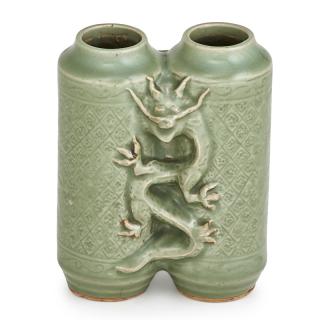 Appraisal: LONGQUAN CELADON CHAMPION VASE Two separate chambers conjoined on one