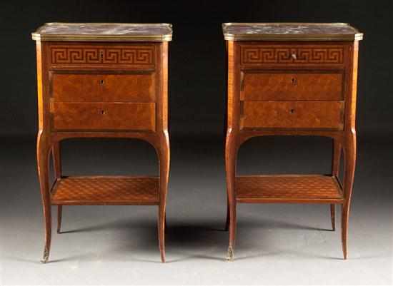 Appraisal: Pair of Regence style parquetry inlaid walnut rouge marble-top tables