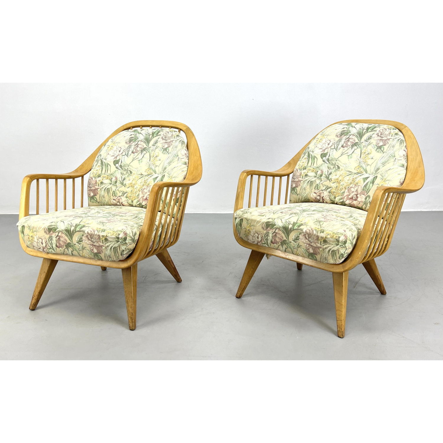 Appraisal: Pair Swedish Modern style Spindle Framed Lounge Chairs Angled legs