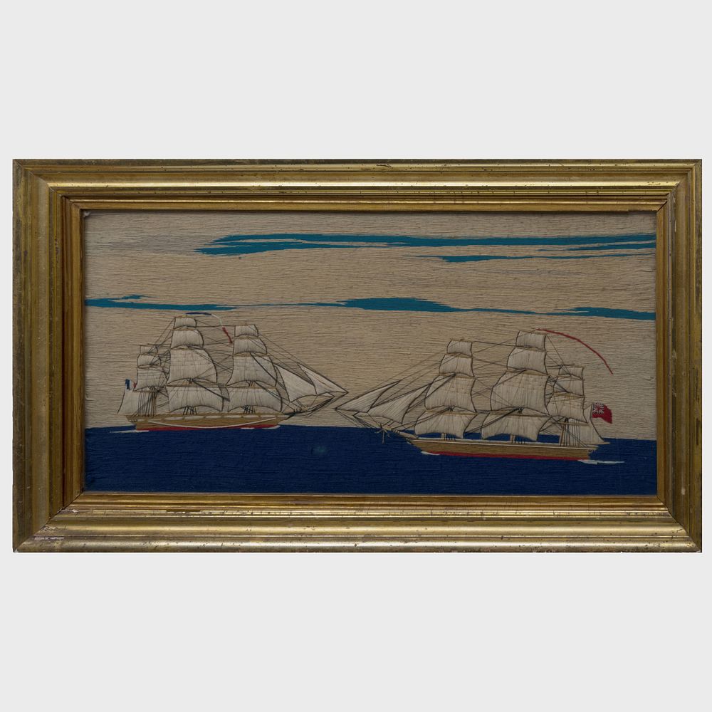 Appraisal: Sailor's Woolwork Panel of a French and British Ship x