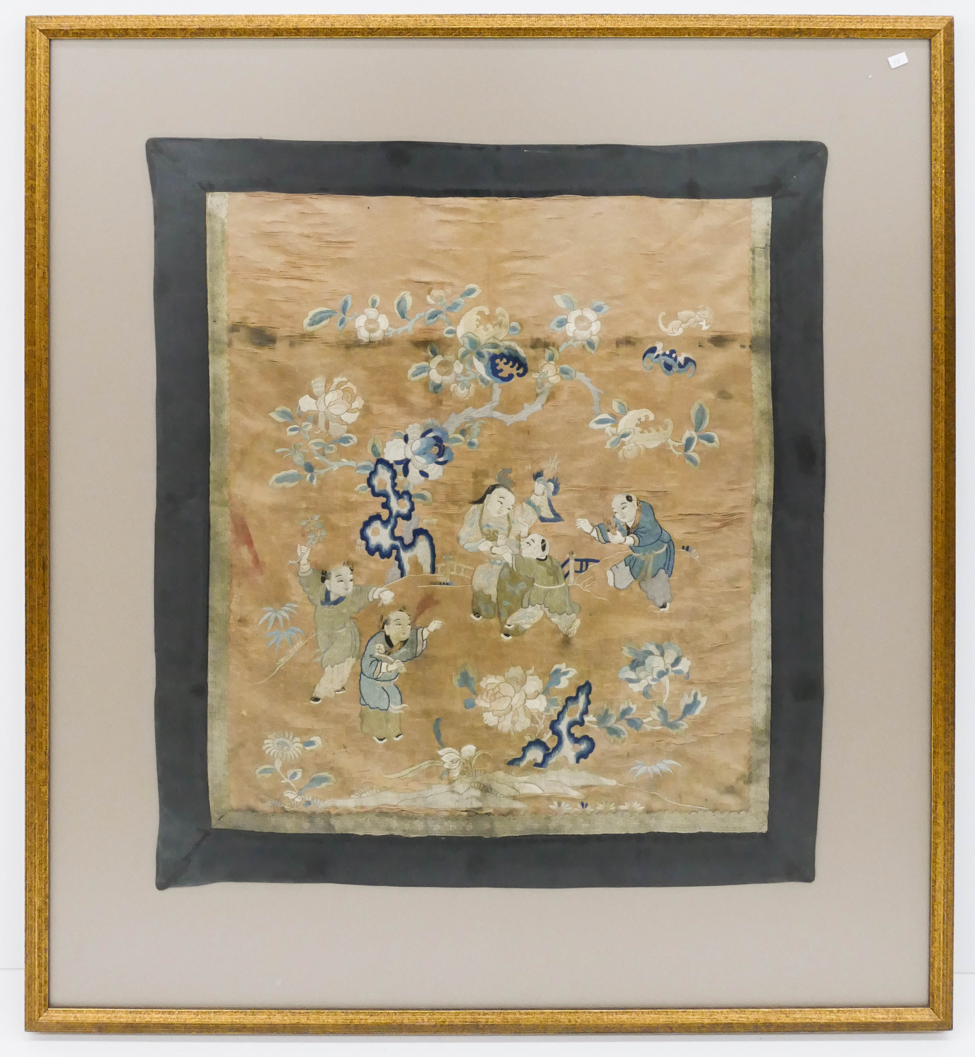 Appraisal: Chinese Qing Silk Embroidered Children Panel Framed ''x '' Depicts