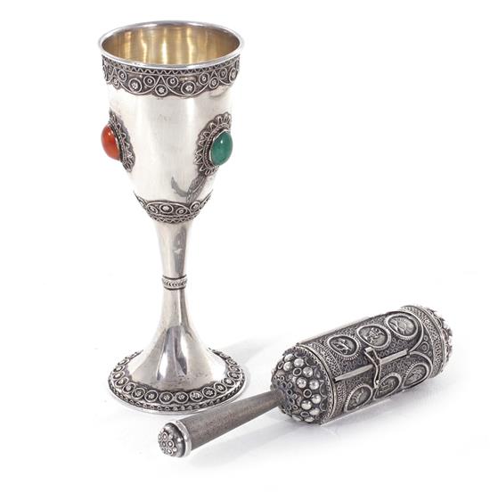 Appraisal: Judaica Israeli sterling Megillah scroll and Kiddush cup Megillah arch