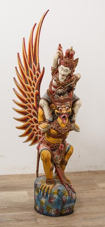 Appraisal: Balinese Polychrome Vishnu riding Garuda statue Wear to paint on