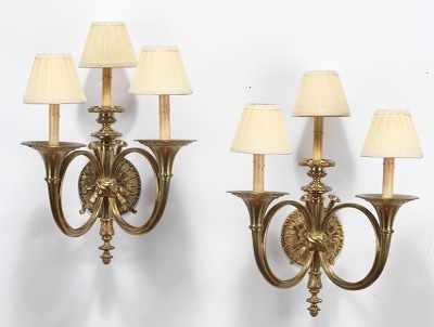 Appraisal: A Pair of French Gilt Bronze Trumpet Sconces ca Electrified