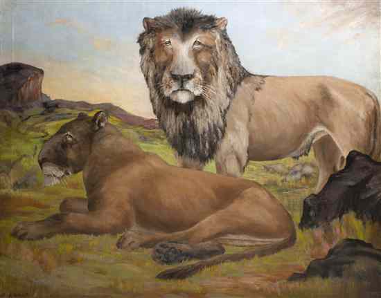 Appraisal: B Heward th century Lion Lioness oil on canvas signed