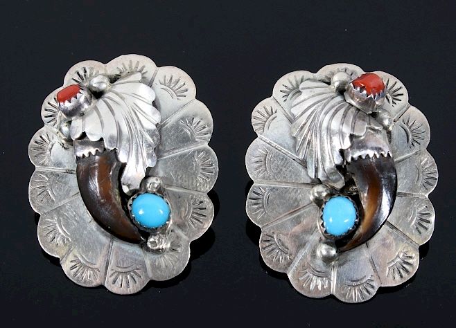 Appraisal: Navajo Silver Turquoise Coral Bear Claw Earrings Included in this