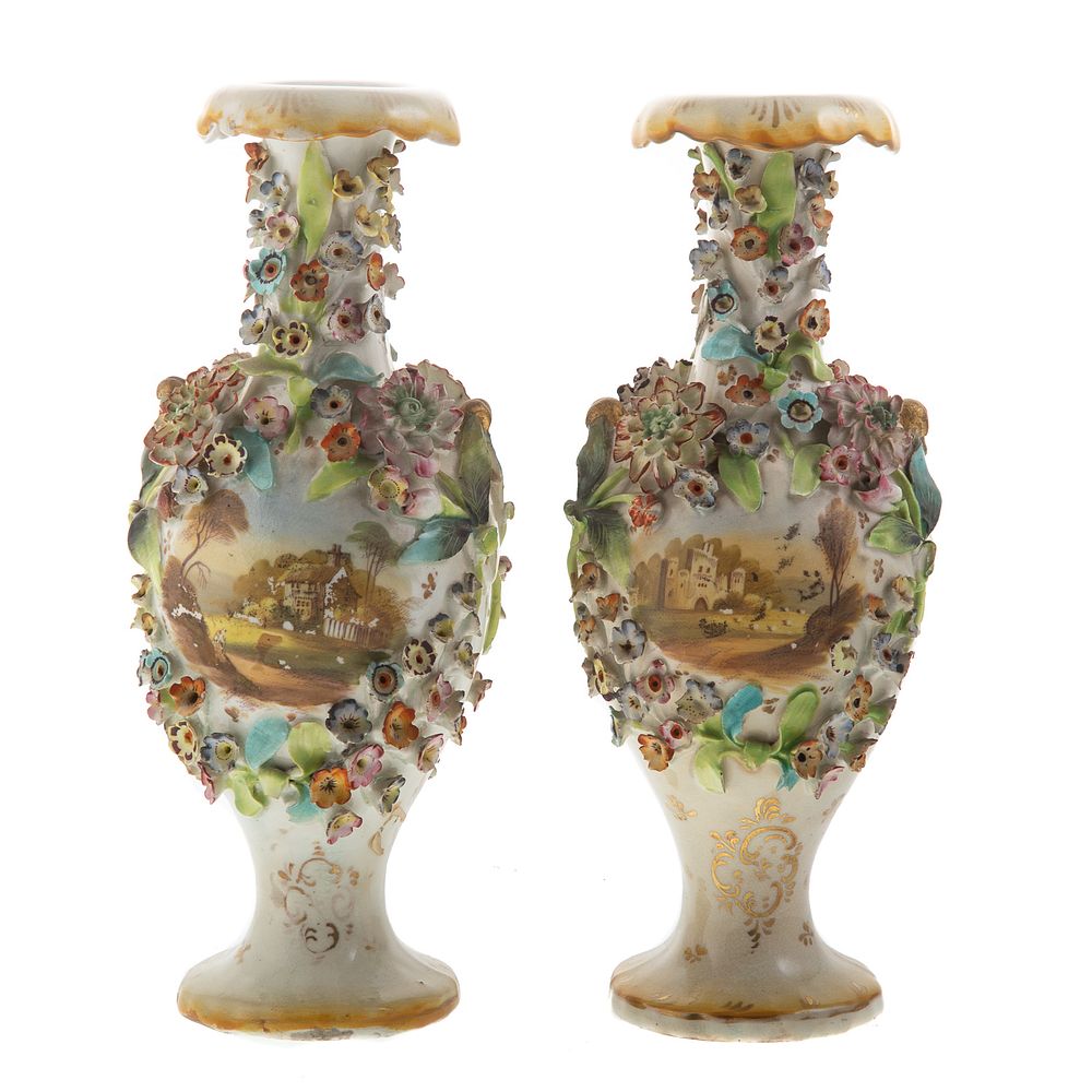 Appraisal: Pair Continental Faience Vases Second half th century with applied