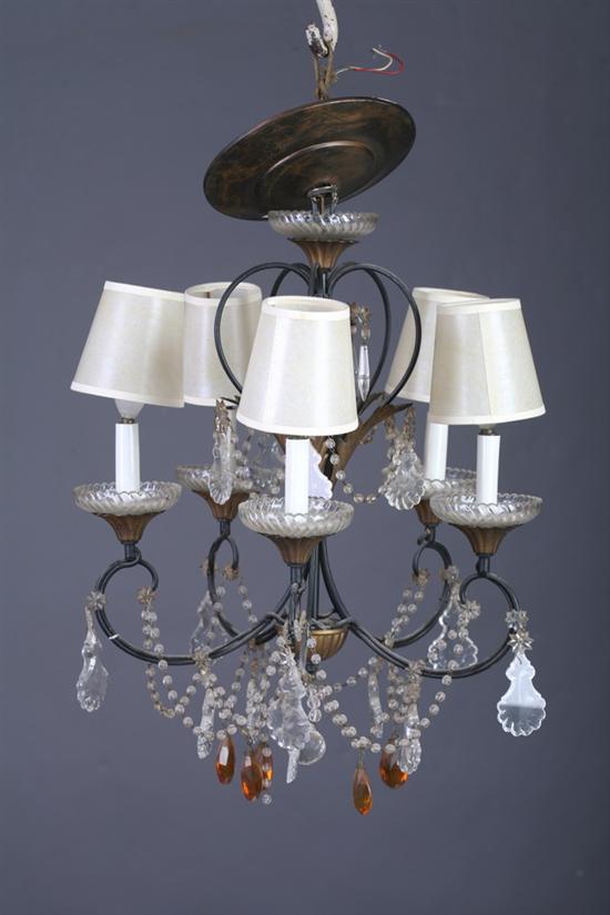 Appraisal: CONTINENTAL PAINTED GILT-METAL AND CRYSTAL FIVE-LIGHT CHANDELIER th Century Shaded