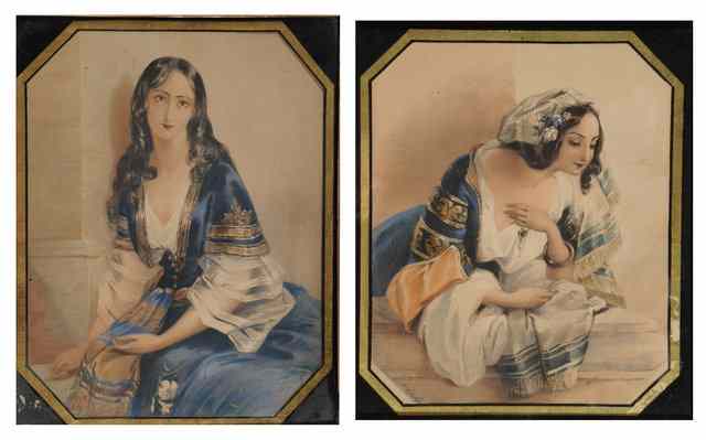 Appraisal: A PAIR OF LITHOGRAPHS of young ladies in matching moulded