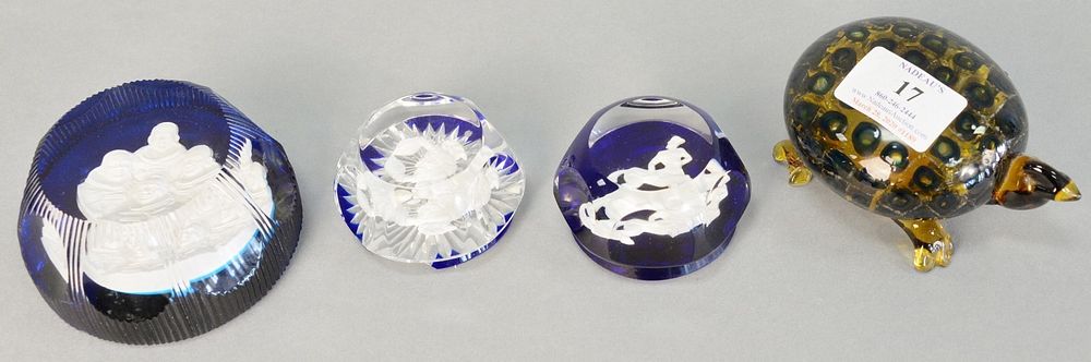 Appraisal: Four piece lot to include Sulphide cameo paperweights Baccarat cancer