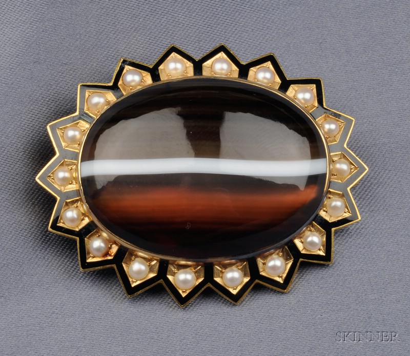 Appraisal: Antique kt Gold Banded Agate Seed Pearl and Enamel Brooch