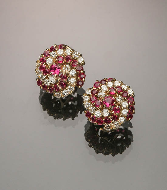 Appraisal: Pair of -Karat Yellow-Gold Ruby and Diamond French Clip-Back Earrings