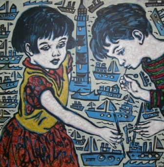 Appraisal: David Bromley Boy and Girl Painting Ships oil on canvas