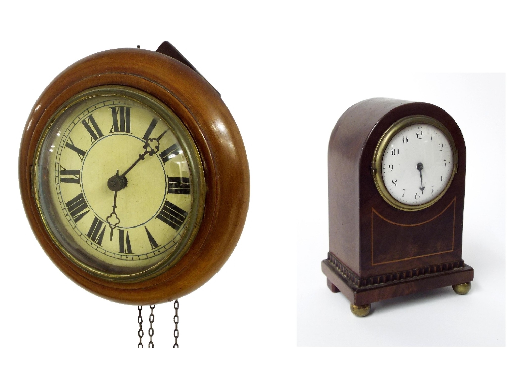 Appraisal: Small mahogany postman's alarm dial clock two weights pendulum together