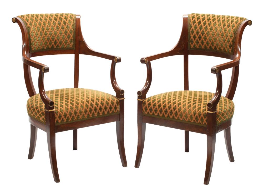 Appraisal: Pair of Antique Continental Mahogany Armchairs possibly Russian scrolled back