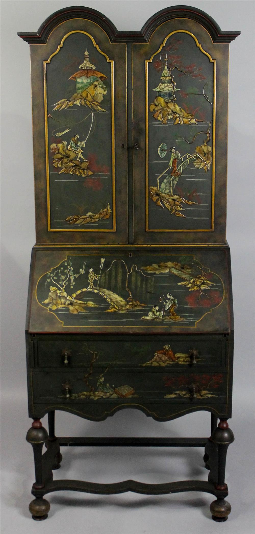 Appraisal: CHINOISERIE PAINTED DOUBLE BONNET STYLE DROP FRONT SECRETARY having a