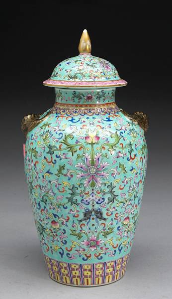 Appraisal: A turquoise ground enameled porcelain covered jar Jiaqing Mark The