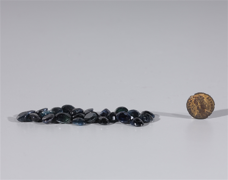 Appraisal: Grouping of natural sapphires and Roman Constantine coin circa BC