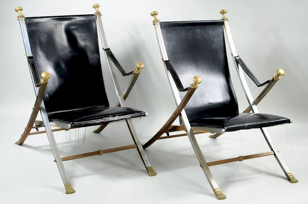 Appraisal: Pair Mid Century Maison Jansen Campaign Chairs Pair mid century