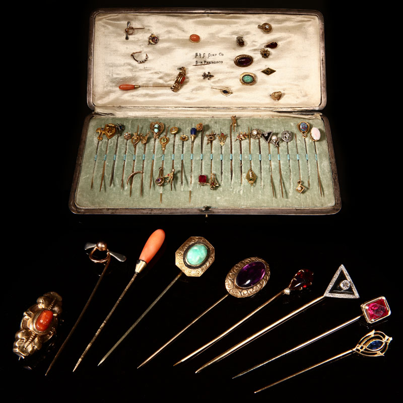 Appraisal: A collection of forty-five gold silver and metal stickpins in