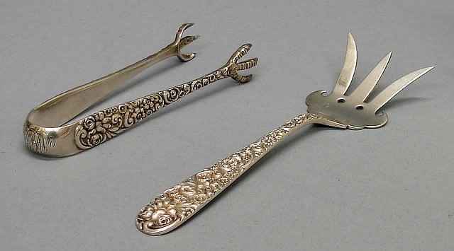 Appraisal: Sterling serving fork l and ice cube tongs l Tongs