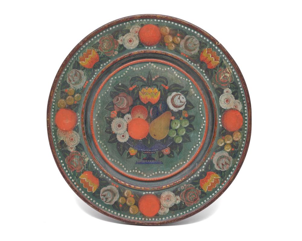 Appraisal: Continental Paint-Decorated Wooden Charger ca with fruit and floral motifs