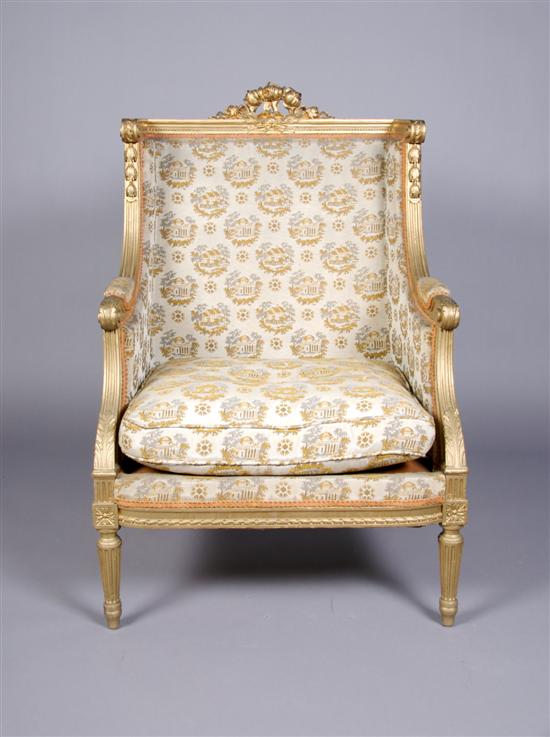 Appraisal: A Louis XVI Style Giltwood Fauteuil Height inches