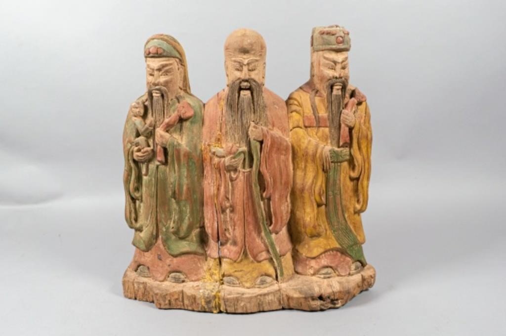 Appraisal: FORTUNE PROSPERITY AND LONGEVITY WOODEN SCULPTUREWooden polychrome sculpture of Sanxing