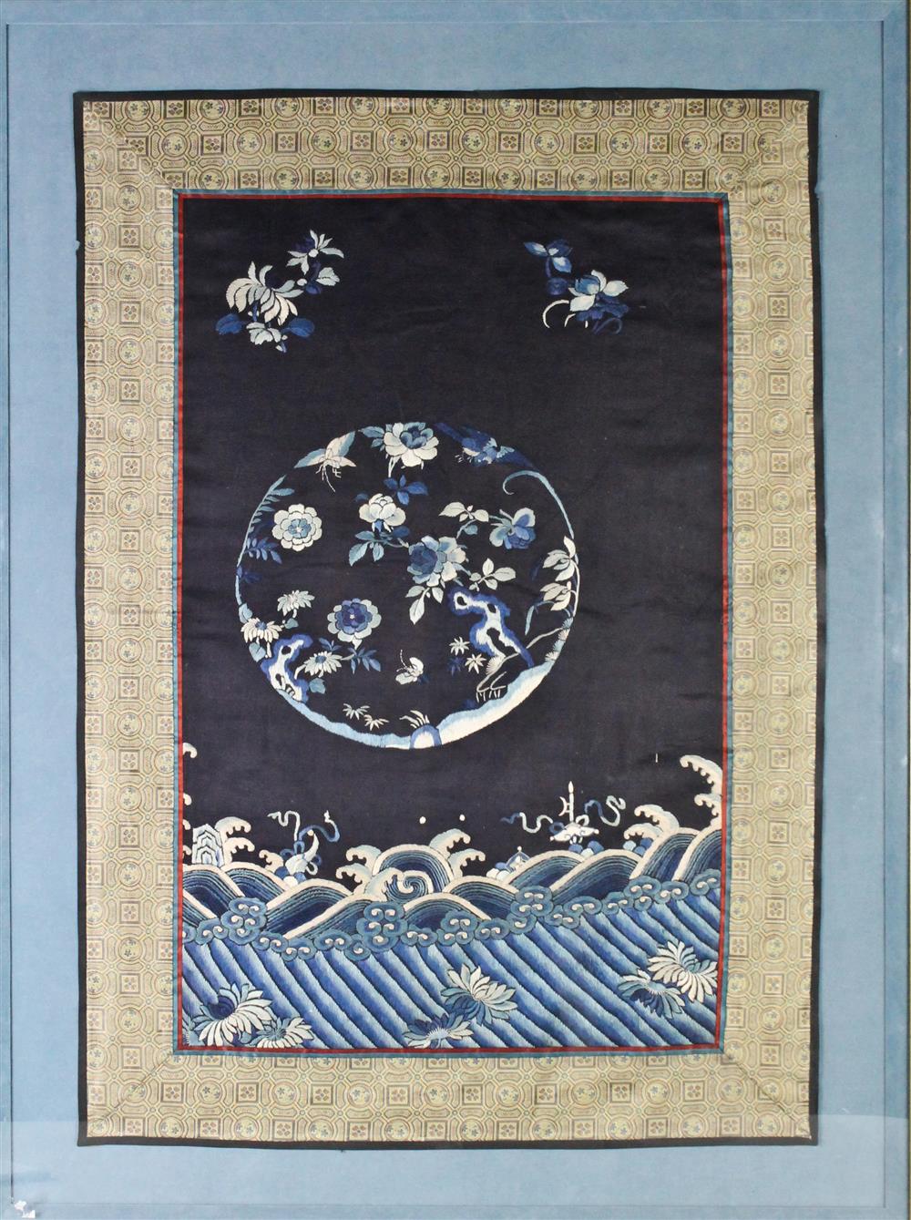 Appraisal: THREE CHINESE FRAMED SILK EMBROIDERIES the first a blue silk