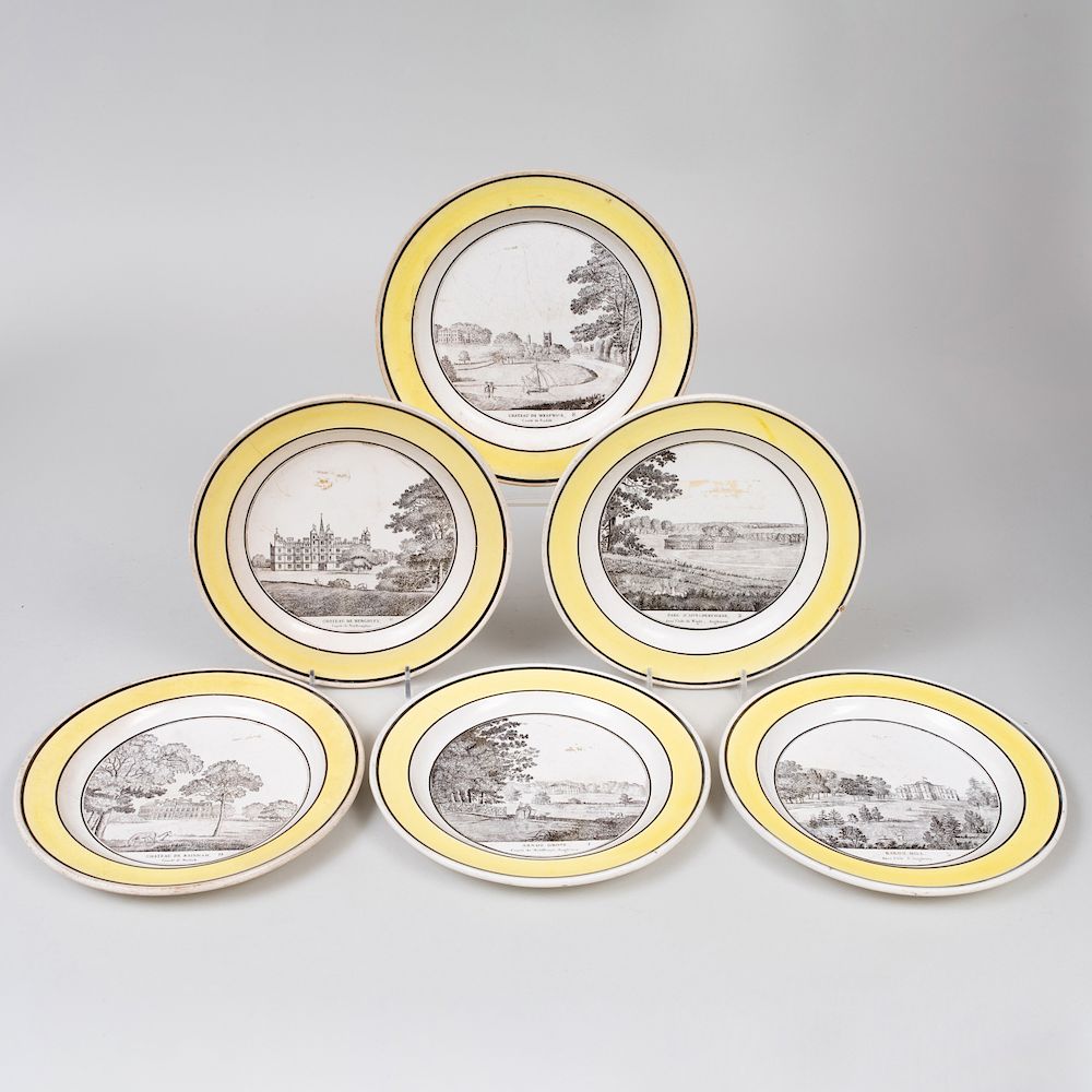 Appraisal: Set of Six Yellow Ground Transfer Printed Creil Topographical Plates