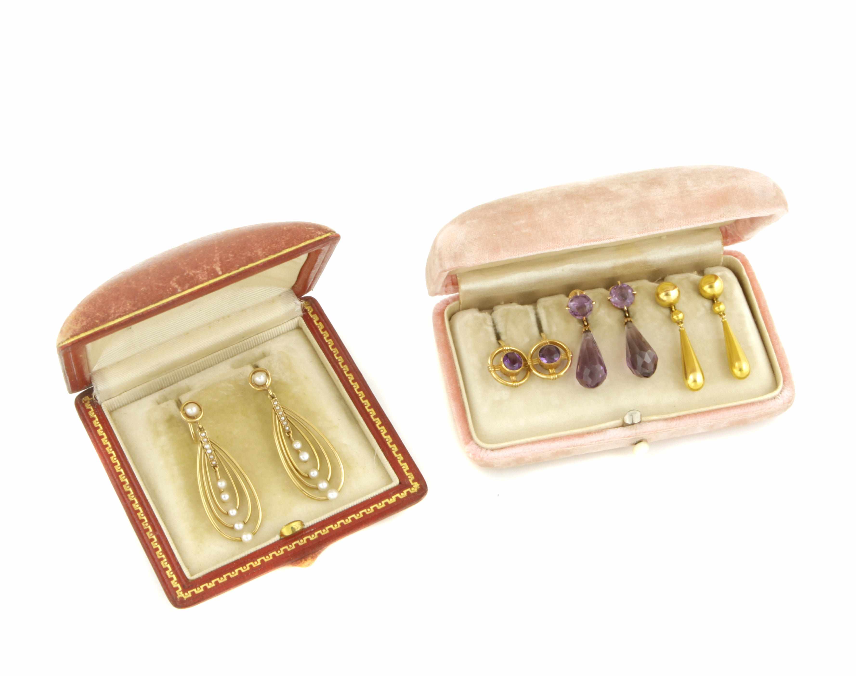 Appraisal: A collection of four pairs of seed pearl amethyst and