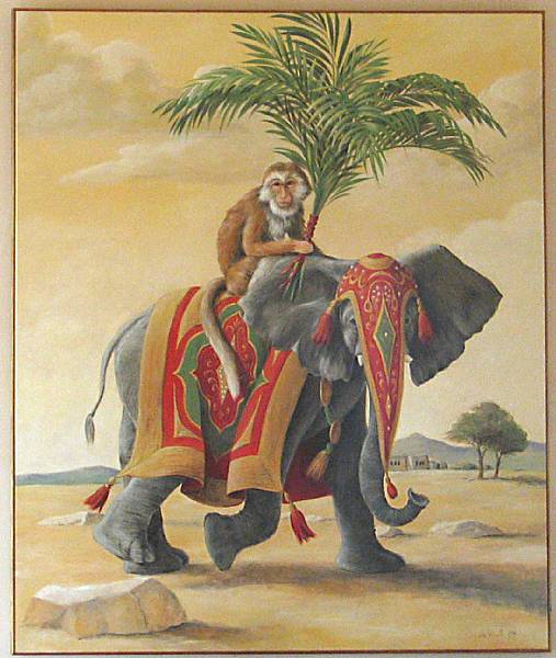 Appraisal: An oil on canvas of monkey and elephant Antoinette von