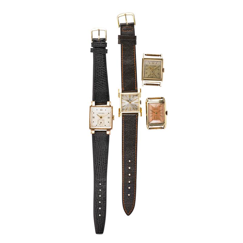 Appraisal: FOUR GENT'S SQUARE OR RECTANGULAR WRISTWATCHES Three k gold cased